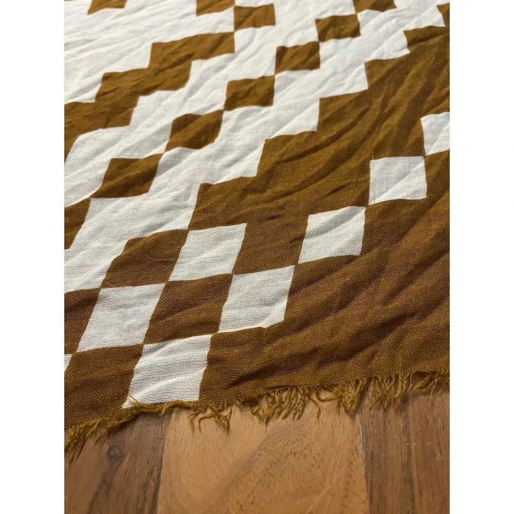 Geometric Diamond Scarf Brown Oversized Gauze Wrap Fringed Lightweight 50x46